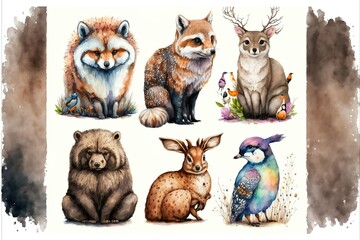 Animal set hedgehog, fox, squirrel, deer, hare, owl, raccoon, bear in watercolor style. AI