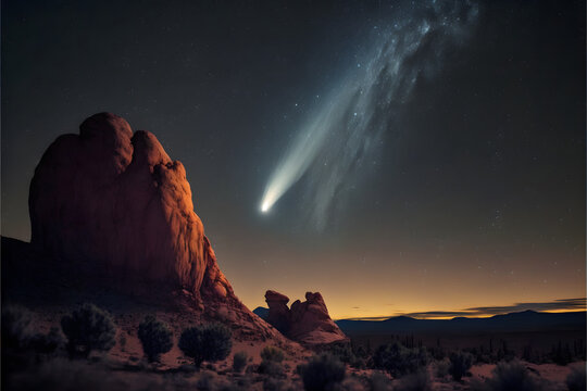 A Nighttime Sight: A Bright Comet streaks across the sky, Generative AI © Forge Spirit