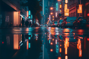 Fototapeta na wymiar A Glowing City: Reflections of Neon Lights on a Street at Night, Generative AI