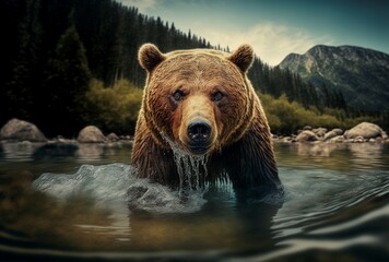 Obraz premium bear in the river Brown bear portrait. generative AI