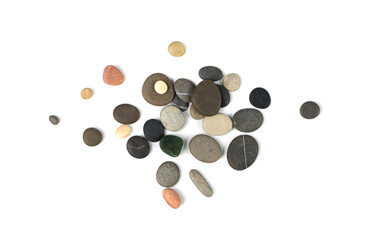 Sea Pebbles Isolated, Flat Round Stones, Gray Circle Rock Pieces, Sea Pebbles Pile on White Background
