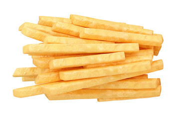 French Fries Isolated. Roasted potato chips in deep fat fry oil potatoes. Yellow sticks. Fastfood. Unhealthy tasty food isolated on white background. 3D illustration