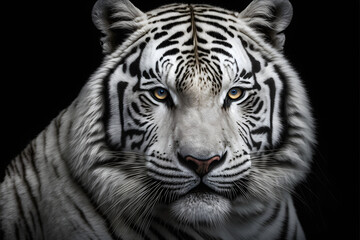 Ghost of the jungle: White Tiger isolated on black background, Generative AI