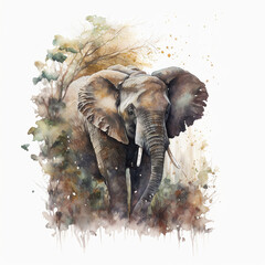 Generative AI Illustration of watercolour painting of male elephant in jungle landscape with beautiful colors