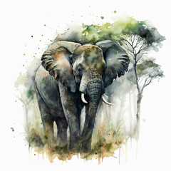 Generative AI Illustration of watercolour painting of male elephant in jungle landscape with beautiful colors