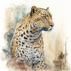 Generative AI Illustration of watercolour painting of Amur Leopard in jungle landscape with beautiful colors