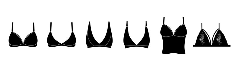 A set of women's underwear. White background. Black bras for every taste and look. Icons. Vector stock illustration. isolated