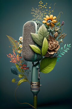 Concepto de música y radio. Micrófono retro decorado con flores de colores. Cartel para eventos de música en vivo y karaoke. IA generada
