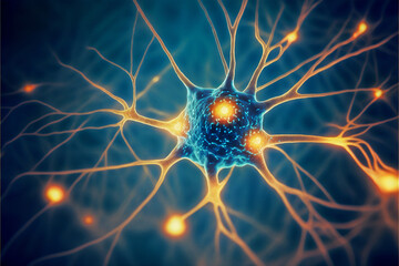 Estimulación neuronal y optogenética. La actividad de las neuronas viaja a través de la corteza cerebral. enfermedad de alzheimer. IA generada. - obrazy, fototapety, plakaty