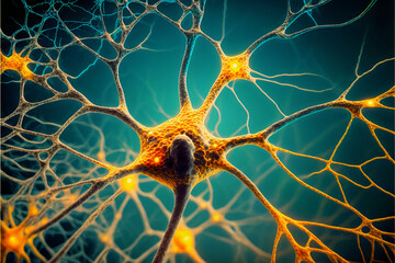 Estimulación neuronal y optogenética. La actividad de las neuronas viaja a través de la corteza cerebral. enfermedad de Parkinson. IA generada. - obrazy, fototapety, plakaty