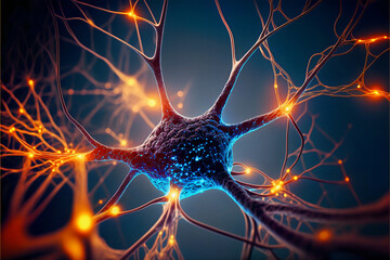 Diseño de la actividad neuronal en el cerebro. Estimulación neuronal y optogenética. La actividad de las neuronas viaja a través de la corteza cerebral. Enfermedad de Huntington. IA generada. - obrazy, fototapety, plakaty