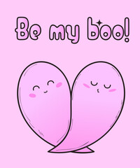 Two ghosts in the shape of a heart. Cute spooky card. Valoween. Kawaii creepy. Romantic story. Be my boo.