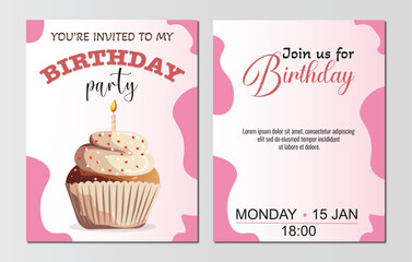 Birthday Party Invitation Card Template with pink cake and candle