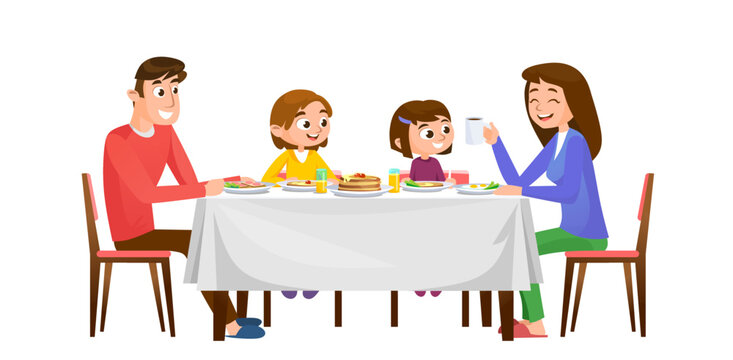 A happy family with kids having a meal together behind a table. Mother, father, son and daughter having breakfast, lunch or dinner. Isolated on white background. Cartoon style vector illustration.