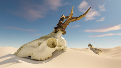 Deer head skull and long horn sit on the desert with 3d rendering.Dramatic nature sky in background.