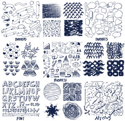 Hand drawn doodle abstract pattern in dark and white style, texture background. Series of figures of different shape, modern textile fabric. Wallpaper, wrapping paper design, set of curved lines