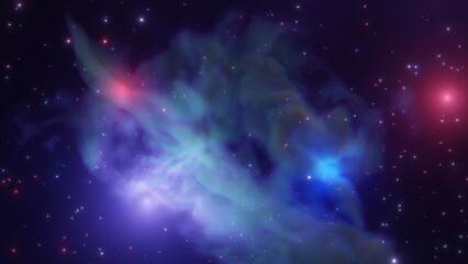 Infinite space background with nebula galaxy with red and blue glowing clouds and stars. Abstract cosmos background. 