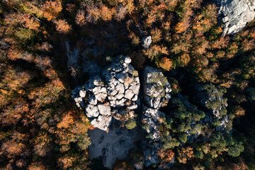 Obraz na płótnie Canvas View of the Dovbush rocks from the mountain, a beautiful autumn landscape and a view of the Ukrainian nature reserve of the Dovbush rocks.