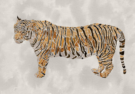 abstract design of a standing tiger with texture of watercolor stains