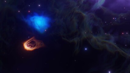 Infinite space background with nebula galaxy with red and blue glowing clouds and stars. Abstract cosmos background. 