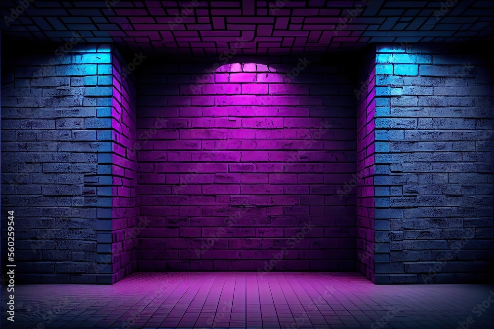 Wall mural Modern futuristic neon brick wall In empty room. Blue and purple light wallpaper background.