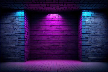 Modern futuristic neon brick wall In empty room. Blue and purple light wallpaper background.