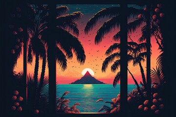 Ocean view from the beach, with sunset and palms. Generative AI.