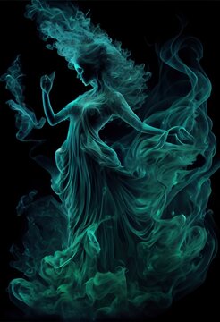 Dancing woman made of curling wispy glowing emerald green smoke. Generative AI.