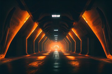 Underground concrete tunnel, science fiction style, alien planet tunnels. Orange glowing light. Generative AI.