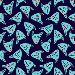Pattern with Funky cat with a lovely face. Freaky comic cat face. Bizarre Valentine's Day pattern