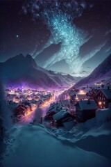 Train rolls through snow covered winter town with backdrop consisting of mountains and starry sky, Generative AI