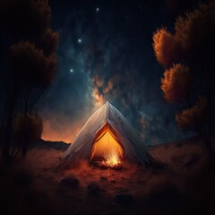Camping in a clearing under the stars, illuminated tent. Generative AI.