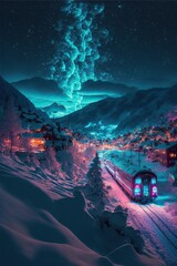 Train rolls through snow covered winter town with backdrop consisting of mountains and starry sky, Generative AI