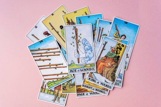 London, UK: 6 January, 2023: Minor Arcana - Suit of Wands of Tarot Card of Rider Waite deck in hand on pink background