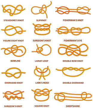 Yellow nautical rope knot, interweaving of ropes, tapes or other flexible linear materials. Twisted tape set isolated. For fast and reliable fastening of any tackle or connection between two cables
