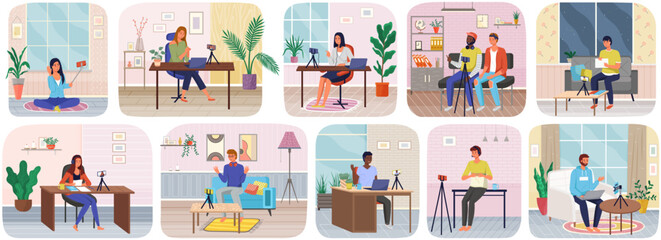 Obraz premium Phone on tripod. People broadcasting, stream on smartphone. Live streaming. Video blog recording, woman blogger using mobile and tripod stand. Illustration of making videos for social media publishing