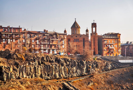 Hrazdan river valley and Saint Sarkis Cathedral in Yerevan. Armenia