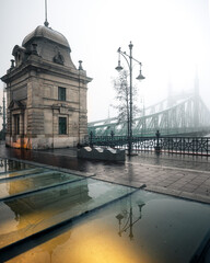 Liberty Bridge in Budapest on a foggy day
