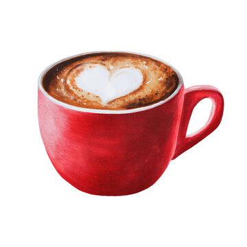 Watercolor sweet cappuccino illustration coffee in a porcelain cup. Hand painting on a white isolated background. For designers, menu, shop, bar, bistro, restaurant, for postcards, wrapping paper
