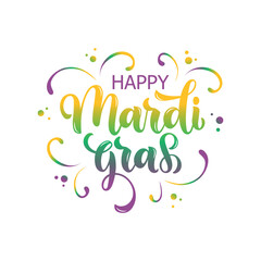 Mardi Gras (meaning Fat Tuesday) lettering card. Hand drawn text. Modern brush ink calligraphy isolated on white background with colorful splashes. Vector illustration as greeting card, poster, banner