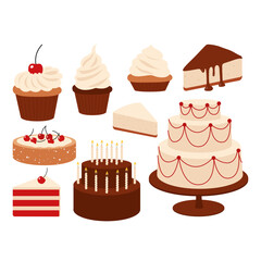 Delicious desserts, pastries, cupcakes, birthday cakes with celebration candles and chocolate slices. Set of colorful cartoon vector illustrations isolated on white background