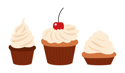 Set of pastries, muffins in cupcake paper. Vanilla and chocolate cakes decorated with whipped cream, berries and cherry. Sweet sugar desserts. Colored vector illustration isolated on white background