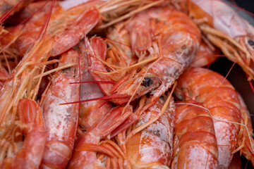 Selective focus, Shrimps background texture. ready-to-eat cooked shrimps