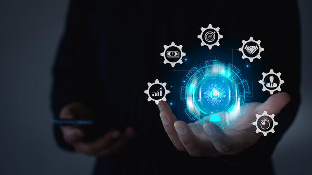 Business process management and workflow automation diagram with gears and icons with connection line network in background. Business analytics big data analysis technology concept on VR screen.