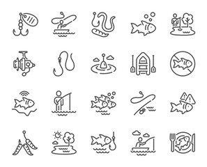 Fishing line icons. Inflatable boat, Worms or Maggot bait and Fishing rod set. Float bobber, echo sounder and hook with worms line icons. Fisherman in boat, spinning rod and maggot lure. Vector