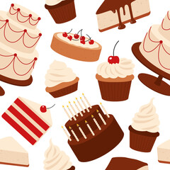 Seamless pattern with delicious desserts, pastries, cupcakes, birthday cakes with celebration candles and chocolate slices. Set of colorful cartoon vector illustrations isolated on background