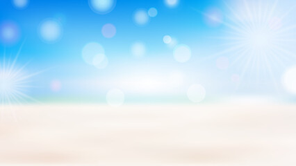 Fototapeta na wymiar Blurred tropical beach with bokeh sunlight background. Abstract soft blue sky and yellow beach, blurred summer gradient. Copy space of outdoor summer vacation and travel adventure concept