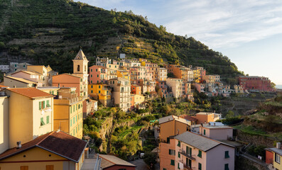 Fototapeta premium Small touristic town on the coast and farmland, Manarola, Italy. Cinque Terre. Sunny Fall Season day.