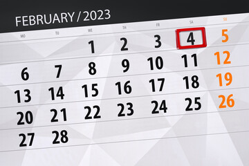 Calendar 2023, deadline, day, month, page, organizer, date, february, saturday, number 4