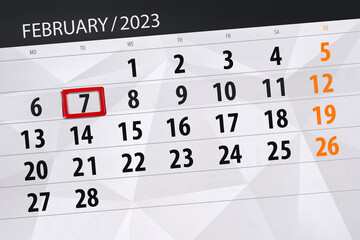 Calendar 2023, deadline, day, month, page, organizer, date, february, tuesday, number 7